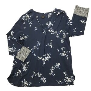 J Jill Women Blouse M Blue Floral 3/4 Sleeve Wearever Tunic Flowy Career  Office